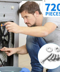 Man repairing machine with All In One 720 Piece Stainless Steel Machine Screw Set With Phillips Pan Head Nuts Bolts And Flat Washers