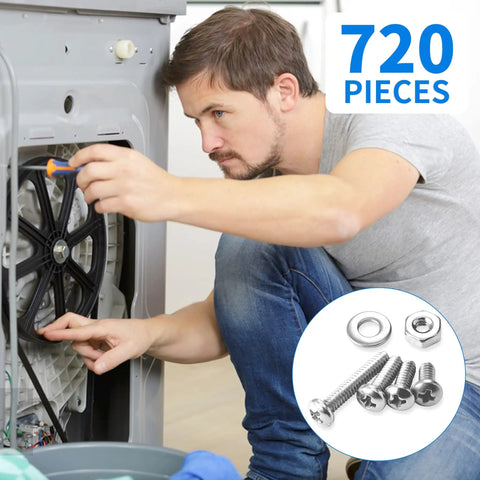 Man repairing machine with All In One 720 Piece Stainless Steel Machine Screw Set With Phillips Pan Head Nuts Bolts And Flat Washers