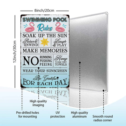 Pool Rules Sign Funny Metal Decor For Indoor Outdoor Use 12x8 Inch Durable Hanging Plaque showing swimming rules with flamingo design
