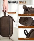 Top Tier PU Leather Toiletry Bag For Men In Dark Brown showing side handle, convenient buckle, and water-resistant feature.