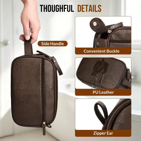 Top Tier PU Leather Toiletry Bag For Men In Dark Brown showing side handle, convenient buckle, and water-resistant feature.