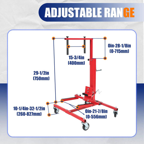 Adjustable dimensions of Heavy Duty Adjustable Car Door Installer And Remover Jack Lift Hoist With Swivel Base for automotive use.