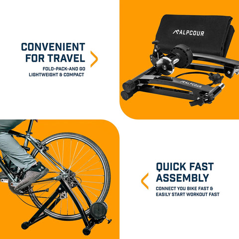 Indoor Bike Trainer Stand For Road And Mountain Bikes Portable Foldable Magnetic Stationary Trainer with folded view and bike setup