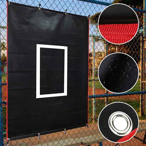 Portable Baseball Batting Backstop 4x6 Ft PVC Vinyl Quick Setup Backdrop with bungees and grommets, black with target square.