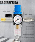 Air Compressor Moisture Filter With Water Separator, 1/4 Inch NPT Inlet, 150 PSI Gauge, Shutoff Valve, directional arrows