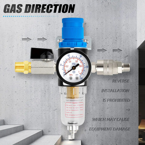 Air Compressor Moisture Filter With Water Separator, 1/4 Inch NPT Inlet, 150 PSI Gauge, Shutoff Valve, directional arrows
