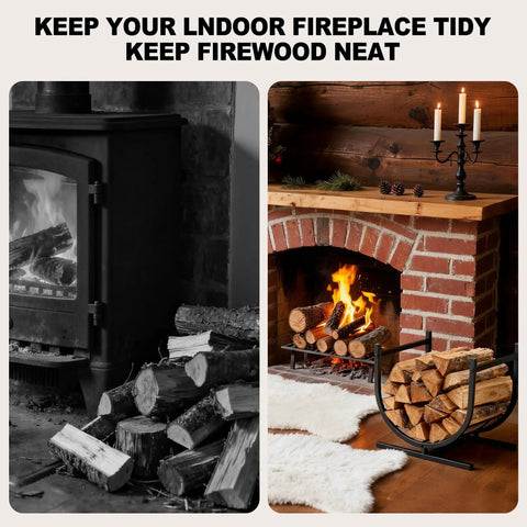 17 Inch Heavy Duty Firewood Rack Holder For Indoor And Outdoor Use in fireplace scene next to burning firewood