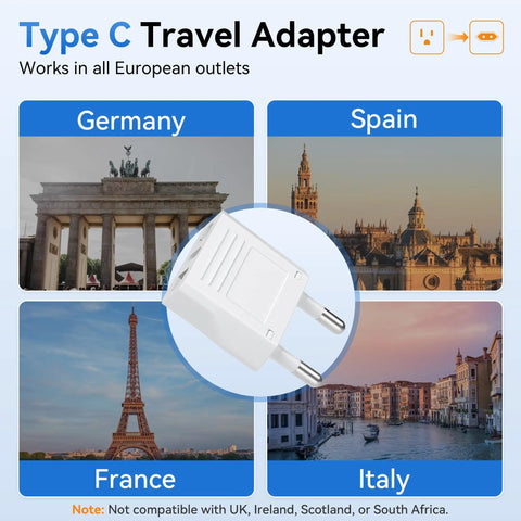 European Travel Plug Adapters For Jetset Trips US To Europe Type C Converters 8 Pack shown in Germany, Spain, France, Italy
