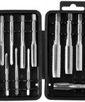 14 Piece SAE Tap And Drill Set For Quick Thread Cutting And Hole Making in black case, open view of taps from 1/8 27 NPT to 3/8 24 NF