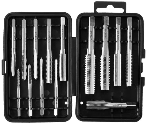 14 Piece SAE Tap And Drill Set For Quick Thread Cutting And Hole Making in black case, open view of taps from 1/8 27 NPT to 3/8 24 NF