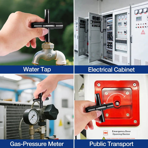 Heavy Duty 4 Way Water Key Set For Faucets And Meters From WORKPRO in use on water tap and other equipment.
