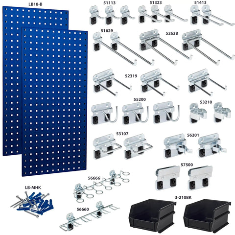 LocBoard Kit Pair Of 18 In By 36 In Stainless Steel Pegboards In Blue with various hooks and hardware for versatile mounting