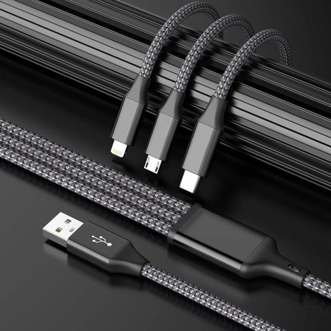 All In One 3 Port USB Charging Cable Kit For Type C Micro USB And Lightning Devices 4 Foot Multi Charger with braided design