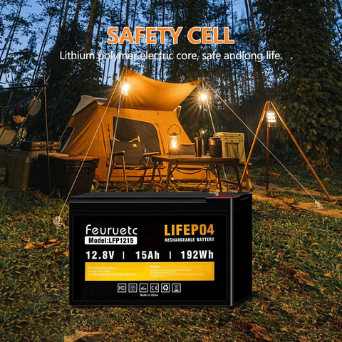 12V 15Ah LiFePO4 Deep Cycle Battery For Fish Finders Scooters Security Systems Solar UPS shown at campsite