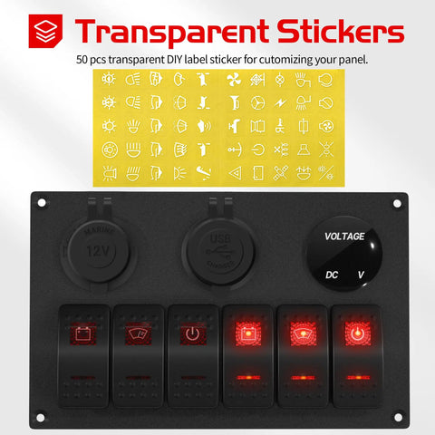 Six Gang Rocker Switch Panel 12V Marine Waterproof With Red LED 5 Pin Toggle USB Port Cigarette Lighter Socket And Voltmeter