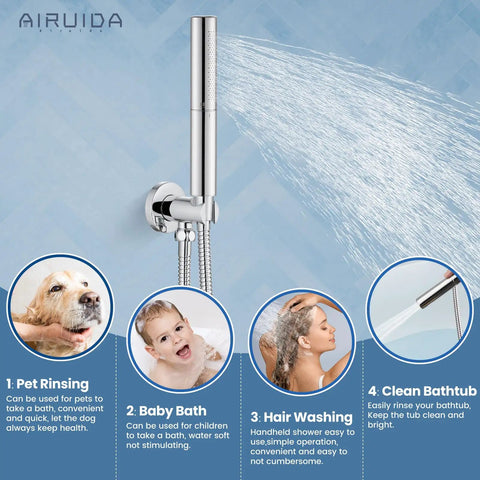 3 Function Rain Shower System With Handheld Shower And Tub Spout 10 Inch Chrome Shower Head featuring multiple uses.