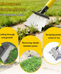 Heavy Duty Flat Shovel Ice Scraper For Winter Cleanup Snow Shovel For Driveways And Sidewalks Stainless Steel Multifunction Floor Scraper And Garden Chopper To Remove Snow Ice Moss Weeds On Outdoor Walkways And Cars with yellow handle cutting grass and removing snow and weeds.