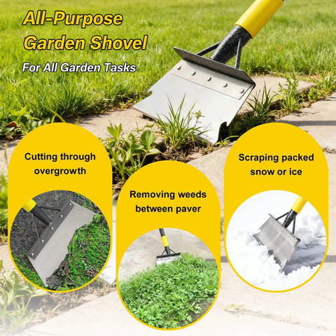 Heavy Duty Flat Shovel Ice Scraper For Winter Cleanup Snow Shovel For Driveways And Sidewalks Stainless Steel Multifunction Floor Scraper And Garden Chopper To Remove Snow Ice Moss Weeds On Outdoor Walkways And Cars with yellow handle cutting grass and removing snow and weeds.
