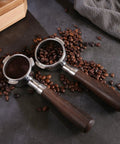 58mm Bottomless Portafilter Featuring Smooth Wood Ergonomic Handle And Double Shot Filter Basket For Breville Oracle Espresso Machines with coffee beans
