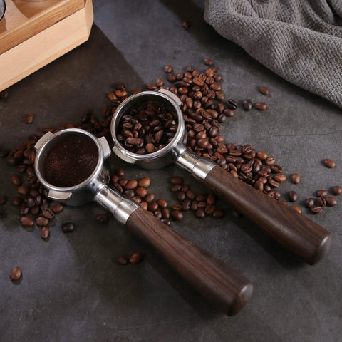 58mm Bottomless Portafilter Featuring Smooth Wood Ergonomic Handle And Double Shot Filter Basket For Breville Oracle Espresso Machines with coffee beans
