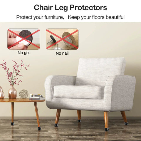 Chair with 32 Pcs Chair Leg Protectors For Hardwood Floors Silicone With Felt Bottoms, showing no gel or nail installation.