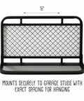 Reversible Garage Wall Grid Shelf With Hooks Built Tough Steel Storage Organizer Mounts To Studs Holds Up To 60 Pounds Black