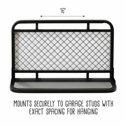 Reversible Garage Wall Grid Shelf With Hooks Built Tough Steel Storage Organizer Mounts To Studs Holds Up To 60 Pounds Black