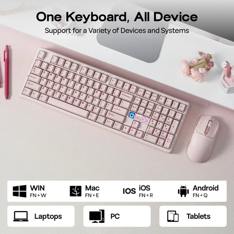 Premium Full Size Mechanical Gaming Keyboard Goes Hard With A Dot Matrix Display And Dynamic Rgb Backlighting For Seamless Mac Pc Or Android Gameplay Fueled By A Massive Ten Thousand Mah Battery In Sleek Pink Reaper Edition on a workspace with mouse.