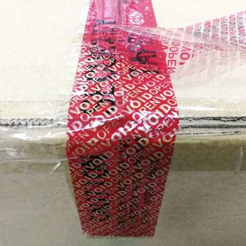 Tamper-evident packing tape, red void pattern, installed on a box seam; 2 in x 55 yd, 2 mil, Amazon TamperSeals