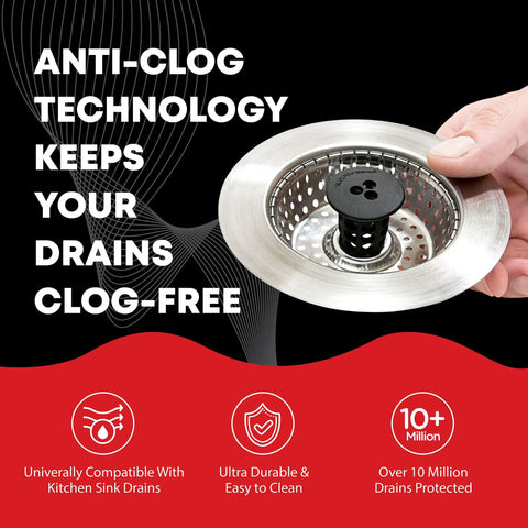 Hand holding clog free stainless steel sink strainer with raised center cylinder for maximum water flow and easy food particle catching black finish kitchen drain protector durable 1 pack.