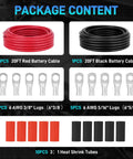 6 AWG Battery Cable Set 20ft Black and 20ft Red, Pure Copper Heavy Duty Wire With Terminal Lugs and Heat Shrink Tubing, Built for Cars RVs Boats Inverters Solar and Welding Projects, package contents