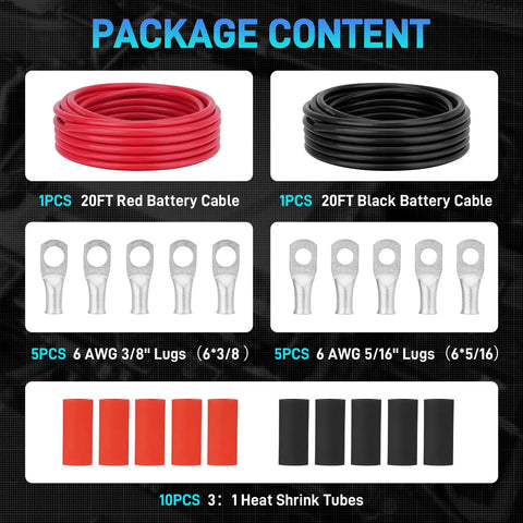 6 AWG Battery Cable Set 20ft Black and 20ft Red, Pure Copper Heavy Duty Wire With Terminal Lugs and Heat Shrink Tubing, Built for Cars RVs Boats Inverters Solar and Welding Projects, package contents