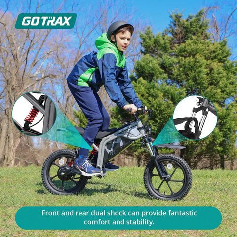 Child riding Off Road Electric Dirt Bike With 16 Inch Pneumatic Tires 300W Brushless Motor 15.5 MPH Top Speed 16 Mile Range