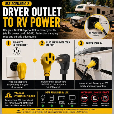 Heavy Duty Fifty Foot EV Charger Adapter Nema 14-30P To 14-50R usage instructions for powering RV from dryer outlet