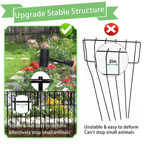 10 Pack No Dig Animal Barrier Fence For Gardens And Yards Rustproof Metal Bottom Blocker Border Fence shown protecting a garden bed with stability details highlighted.
