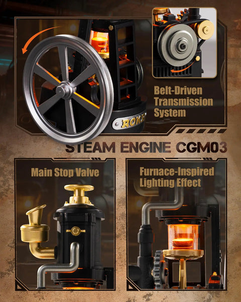 Industrial City Series 3D Puzzle Mechanical DIY Model Kit With Light And Movement Thermo Engine Transparent Piston Chamber Demonstrates Realistic Steam Power For Adults And Teens A Retro Industrial Decor Showpiece, belt-driven steam engine
