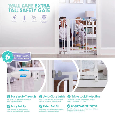 Extra Tall Wall Safe Baby Gate Fits Openings From 29 To 41.5 Inches 36 Inch Tall Gate With Wall Cups Anti Scuff Pads 2 To 4 Inch Extension Kit Pressure Mount Kit And Mounting Hardware White Easy Install No Fuss, shown installed on a doorway with child safety features and close-up details of locking mechanism.