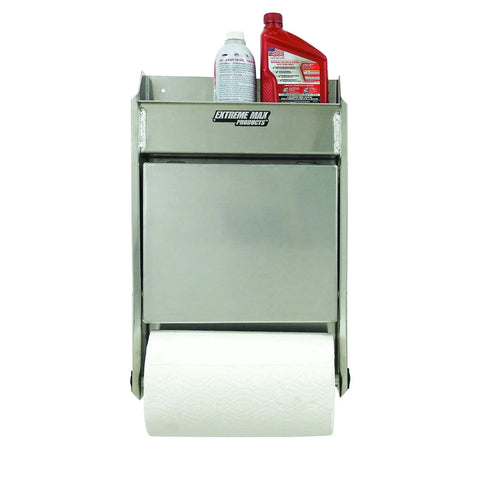Front view of Junior Aluminum Work Station Storage Cabinet With Flip Out Work Tray And Paper Towel Rack For Enclosed Race Trailer Garage Shop Storage Silver Folds Open To Create A 10 By 12 Inch Work Surface With Two Deep Shelves For Aerosol Cans And Jugs.
