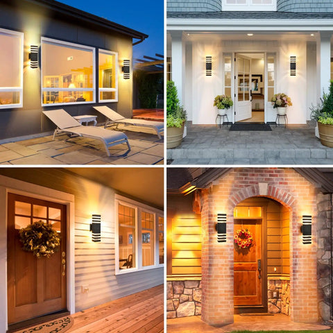 Outdoor Dusk To Dawn Wall Lights 2 Pack Up And Down Porch Lights illuminating various house entryways and patios.