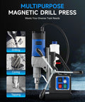 ZELCAN magnetic drill press, blue and black portable unit with 2-inch bore, front view.