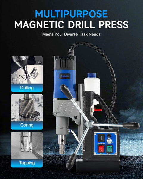 ZELCAN magnetic drill press, blue and black portable unit with 2-inch bore, front view.