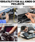 Collage showing Nut And Bolt Thread Checker Kit used in air conditioner, refrigerator, automobile, and computer repairs.