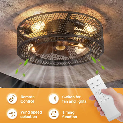 Flush Mount Caged Ceiling Fan With Lights And Remote Control, Farmhouse Bladeless Style Low Profile Ceiling Fan In Use