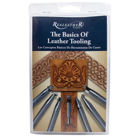Level Up Your Leather Crafting Game With This Sweet Beginner Tooling Kit Featuring A Sharp Swivel Knife Six Essential Stamps Veg Tan Patterns And A Nifty Instructional Booklet For Dope Custom Designs. Image shows a leather tooling instructional booklet with chrome tools.