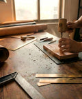 Artisan using Leather Beveling Tools And Stamp Set With Alloy Steel Precision Heads for carving on a wooden workbench.