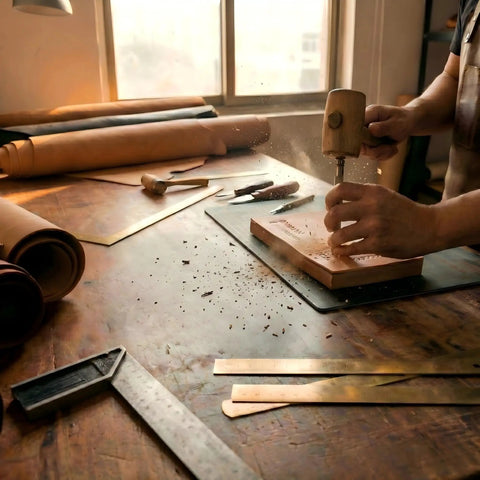 Artisan using Leather Beveling Tools And Stamp Set With Alloy Steel Precision Heads for carving on a wooden workbench.