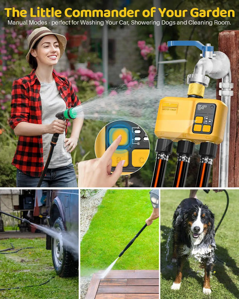 Person using WiFi Water Timer Three Zone Garden Hose Controller With Brass Inlet And Outlet Smart Sprinkler Timer for irrigation.