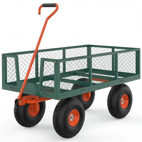 Heavy Duty 3 In 1 Garden Cart with Removable Mesh Sides and 10 Inch All Terrain Wheels, green and orange, steel utility wagon for yard