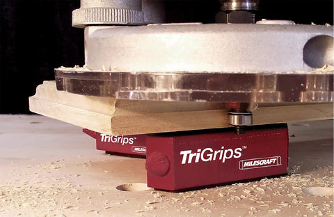 TriGrips triangle bench grippers in use, elevating woodworking project 1.2 inches, Triangle Bench Cookie Work Grippers 4 Pack