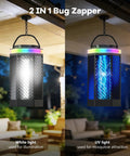 2 in 1 bug zapper with white light and UV light modes, hanging on patio, rechargeable bug zapper for indoor and outdoor use.